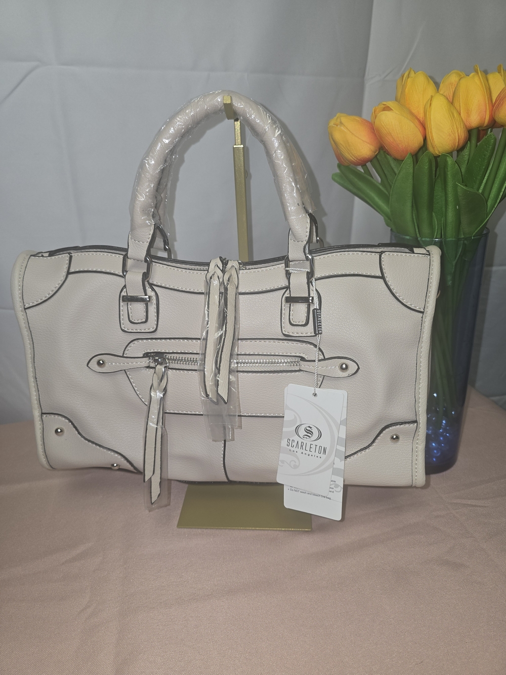 Scarleton Cream Beige Top Handle Satchel Shoulder Bag With Shoulder Strap